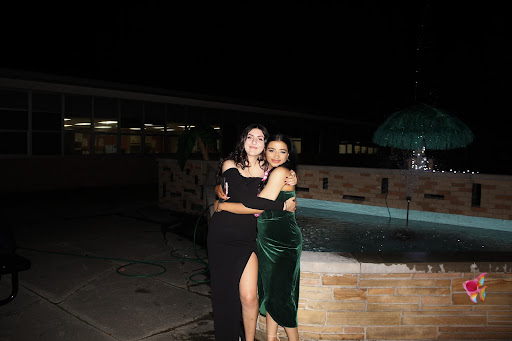 Sophomores Tulene Diab and Hawraa Jawad posing for a picture in the DHS courtyard by the water fountain at the homecoming dance on Oct. 9, 2021. Diab said that her first hoco will definitely be remembered. “This is my first experience at homecoming and it was really fun,” Diab said. “The atmosphere was really nice and everyone was having a good time.”