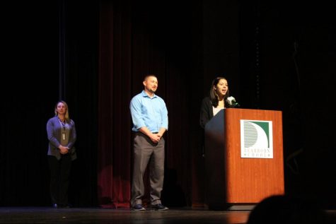 DHS senior Katie Belaire gives a speech on May 11, 2022, honoring social studies teacher Doug Radcliffe. “It’s not very often that we as students take the time to let our teachers know when we appreciate them, and having the opportunity to do so on such a large scale was amazing,” Belaire said. Belaire will be attending Miami University next fall and she credits Radcliffe as being a huge help in going through the college decision process.