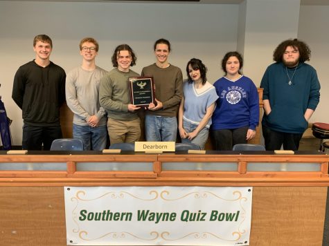 DHS Varsity Quiz Bowl team poses for a picture with their new award from the Southern 
Wayne Quiz Bowl competition on March 8, 2023.